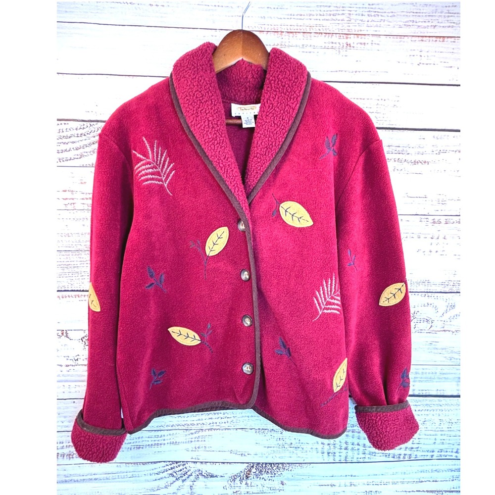 Vintage Talbots Burgundy Fleece Jacket S Petite Leaf Embroidered‎ Shawl Collar